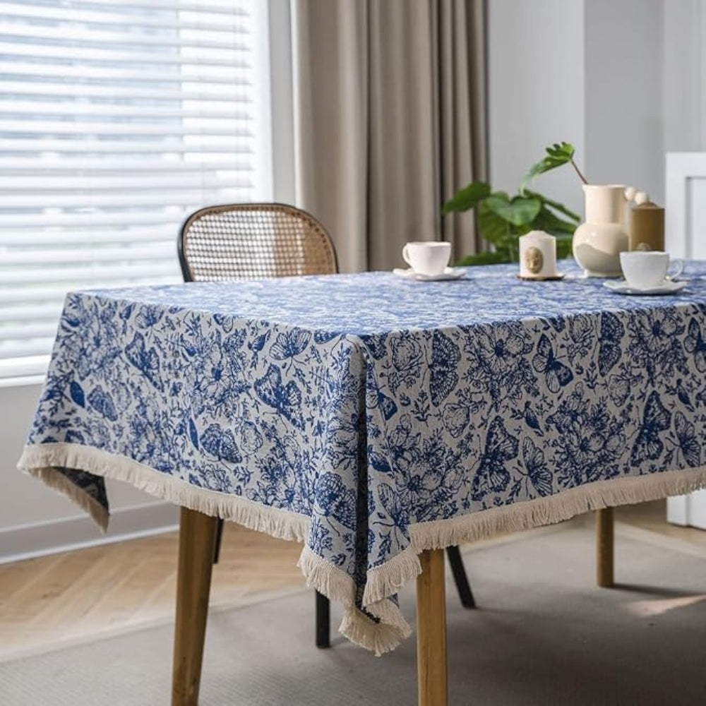 Boho Tischdecke Quadratisch Navy Blau mit Blumen- und Schmetterlingsmuster – Strapazierfähige Baumwoll-Polyester-Mischung, Maschinenwaschbar 2