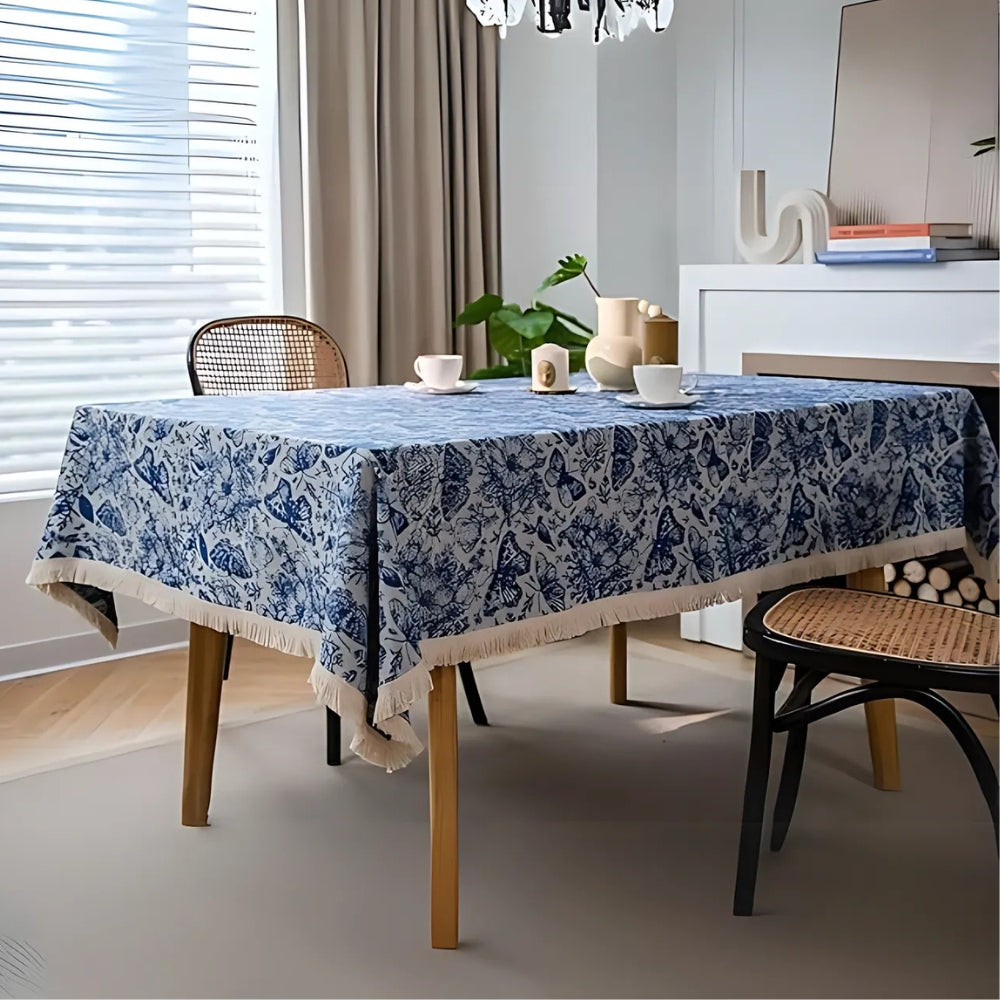 Boho Tischdecke Quadratisch Navy Blau mit Blumen- und Schmetterlingsmuster – Strapazierfähige Baumwoll-Polyester-Mischung, Maschinenwaschbar 3