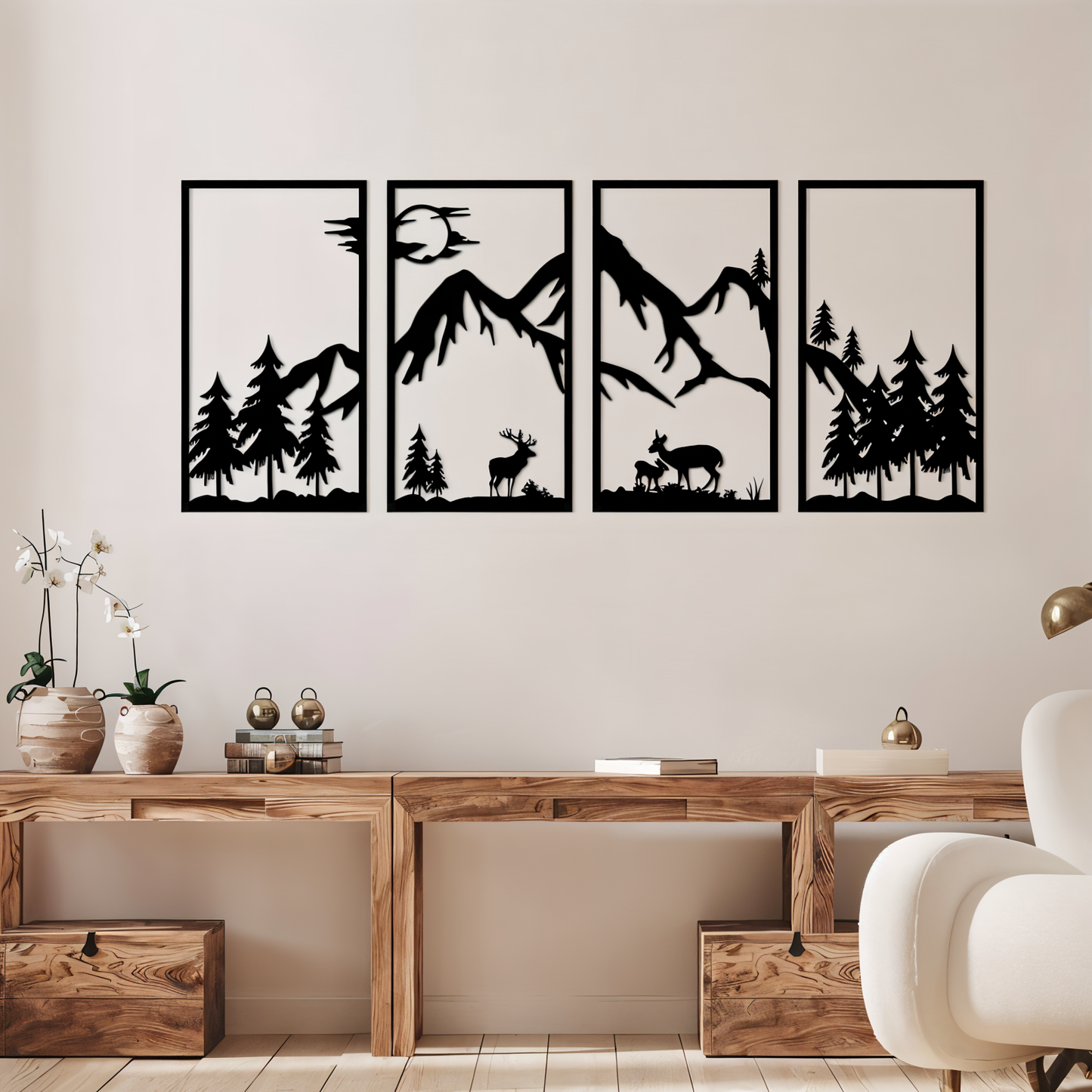 Schwarze Metall-Wandkunst 4-teilig – Abstrakte Berglandschaft