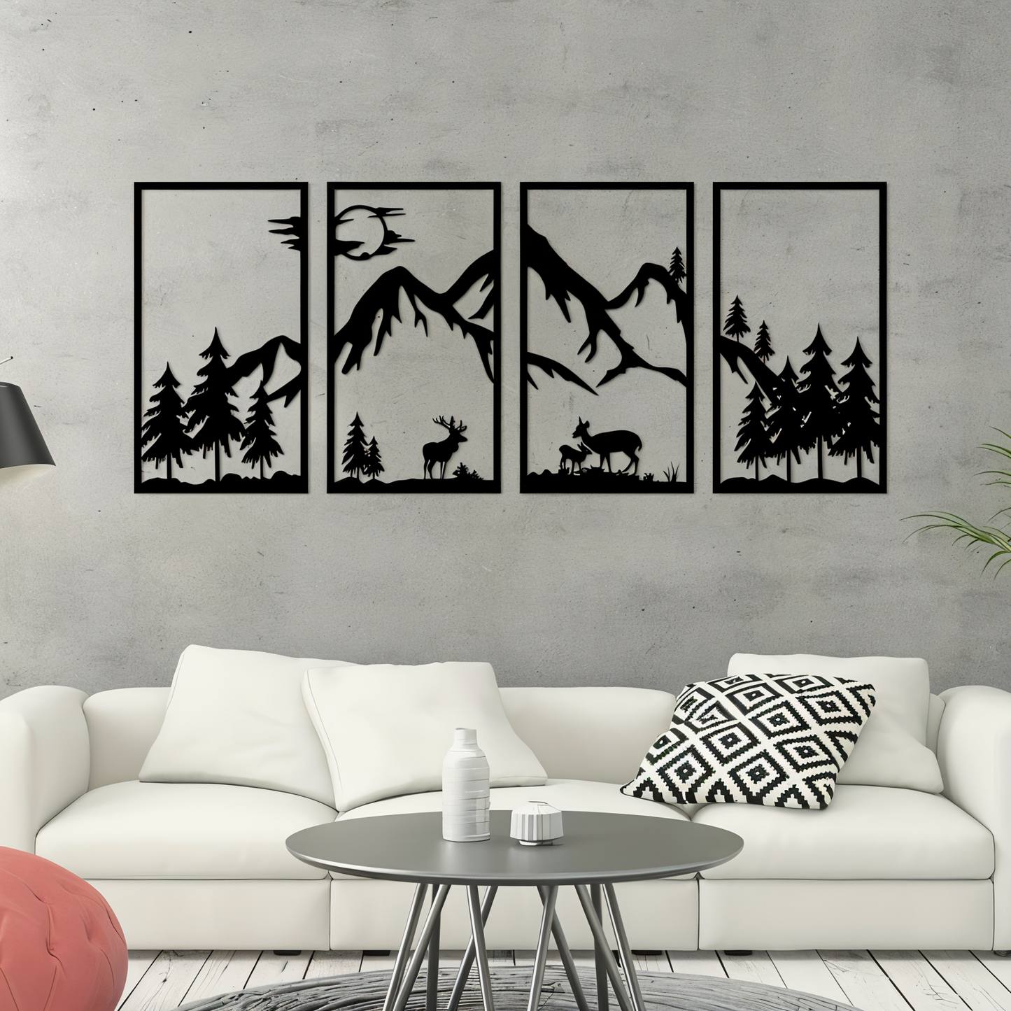 Schwarze Metall-Wandkunst 4-teilig – Abstrakte Berglandschaft