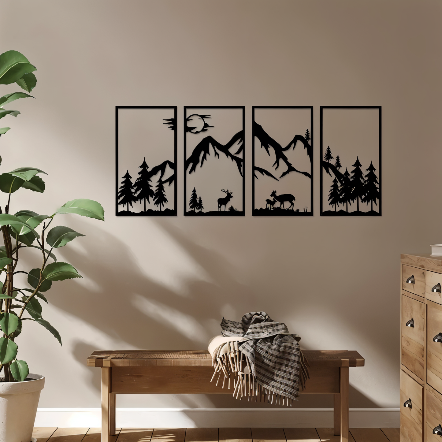 Schwarze Metall-Wandkunst 4-teilig – Abstrakte Berglandschaft