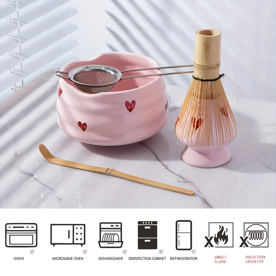 Komplettes Keramik Matcha Set mit Schüssel, Schneebesen und Zubehör – Pink Heart Design, Ideal für Matcha Tee Enthusiasten 4