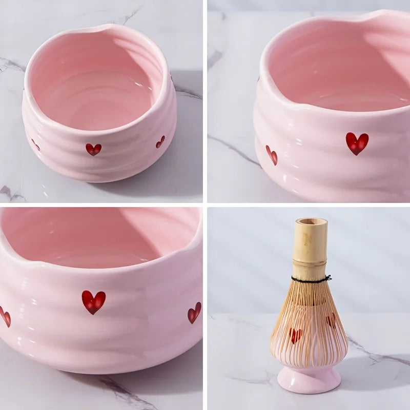 Komplettes Keramik Matcha Set mit Schüssel, Schneebesen und Zubehör – Pink Heart Design, Ideal für Matcha Tee Enthusiasten 5