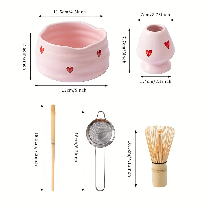 Komplettes Keramik Matcha Set mit Schüssel, Schneebesen und Zubehör – Pink Heart Design, Ideal für Matcha Tee Enthusiasten 3
