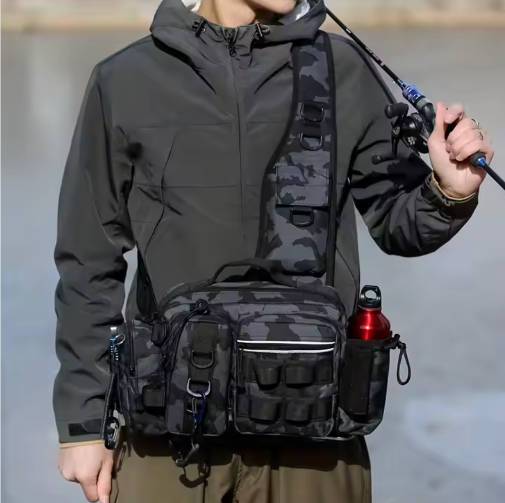 Wasserdichte Angeltasche mit Schulter- und Hüftgurt, 3 Außentaschen