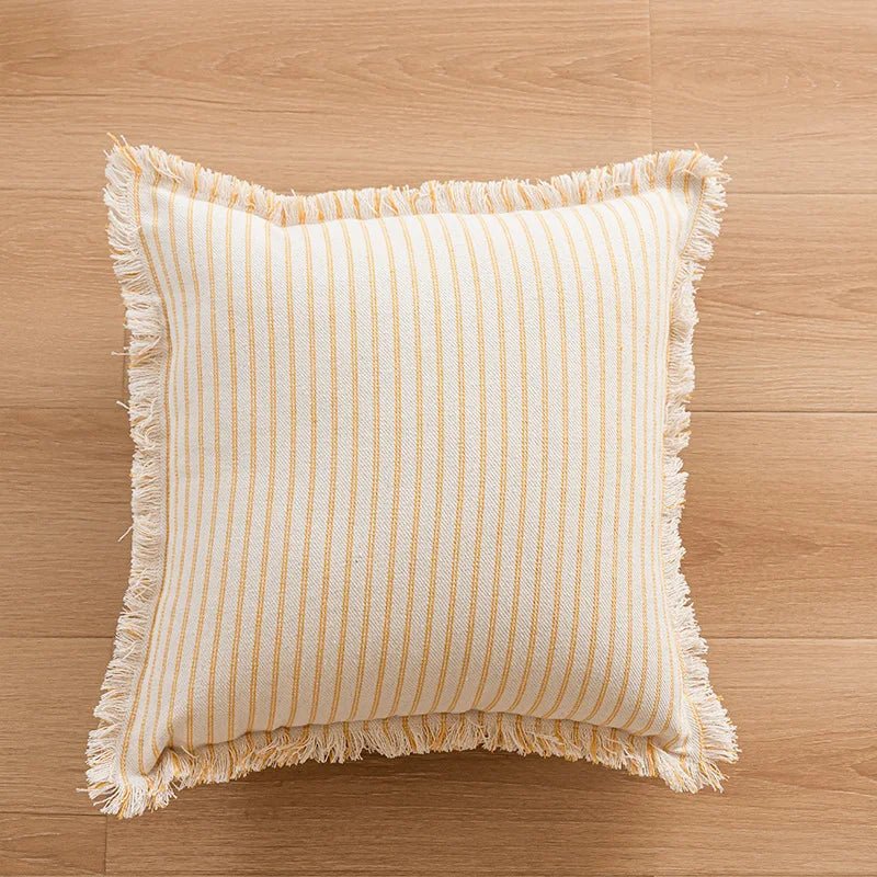 Gestreifter Jacquard-Kissenbezug 45x45 cm aus Baumwolle mit Quasten – Verspielt für Sofakissen und Wohnräume 1