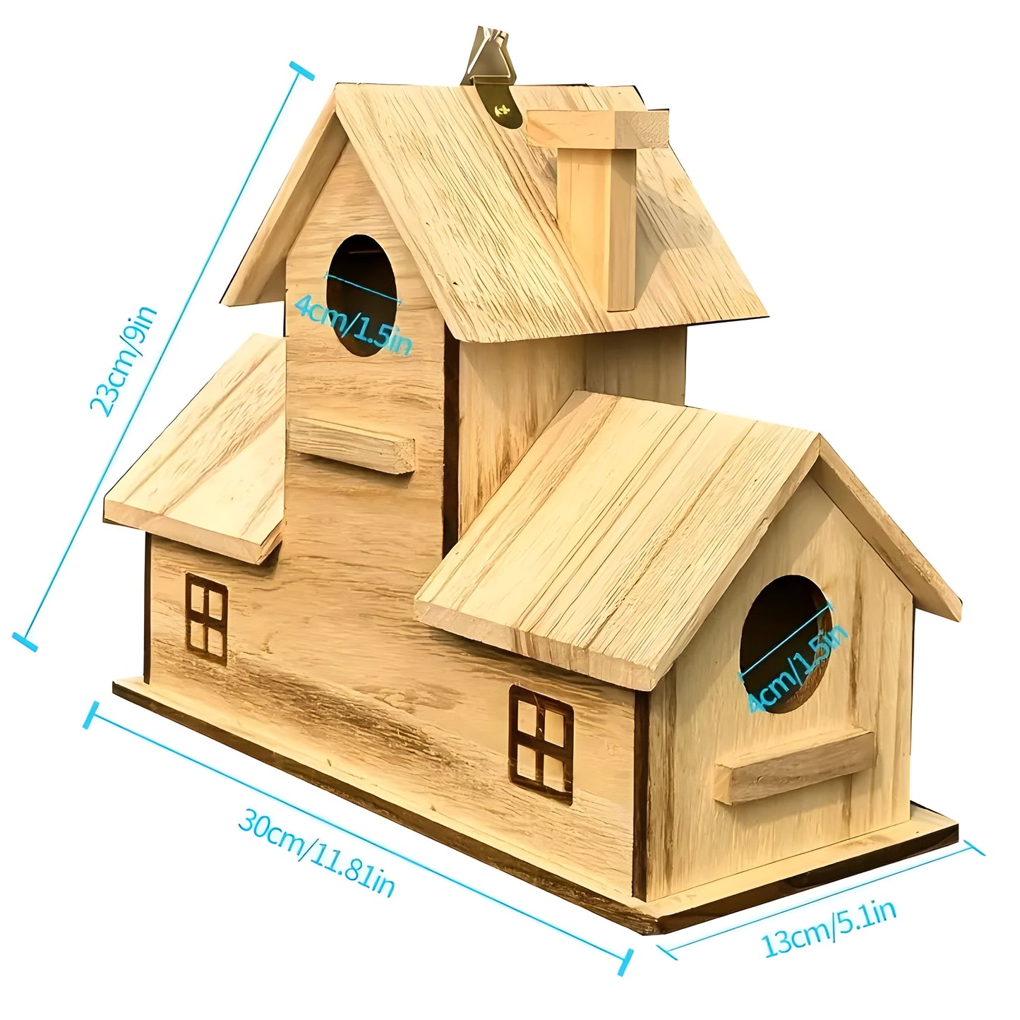 Hängendes Vogelhaus aus Holz mit 3 Löchern