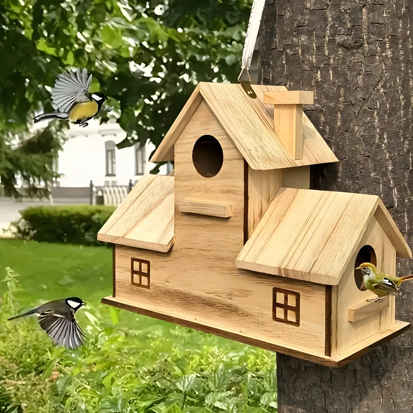 Hängendes Vogelhaus aus Holz mit 3 Löchern