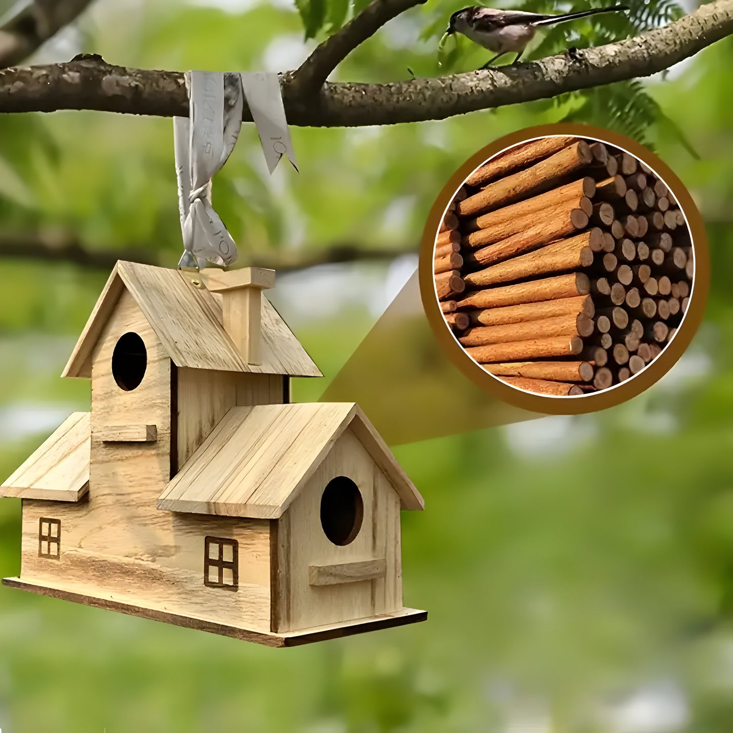 Hängendes Vogelhaus aus Holz mit 3 Löchern