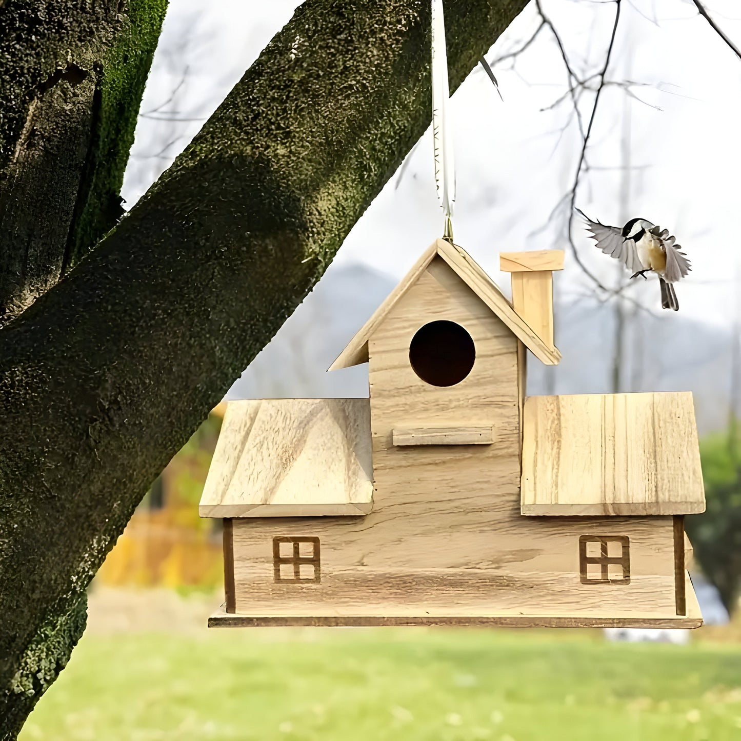 Hängendes Vogelhaus aus Holz mit 3 Löchern