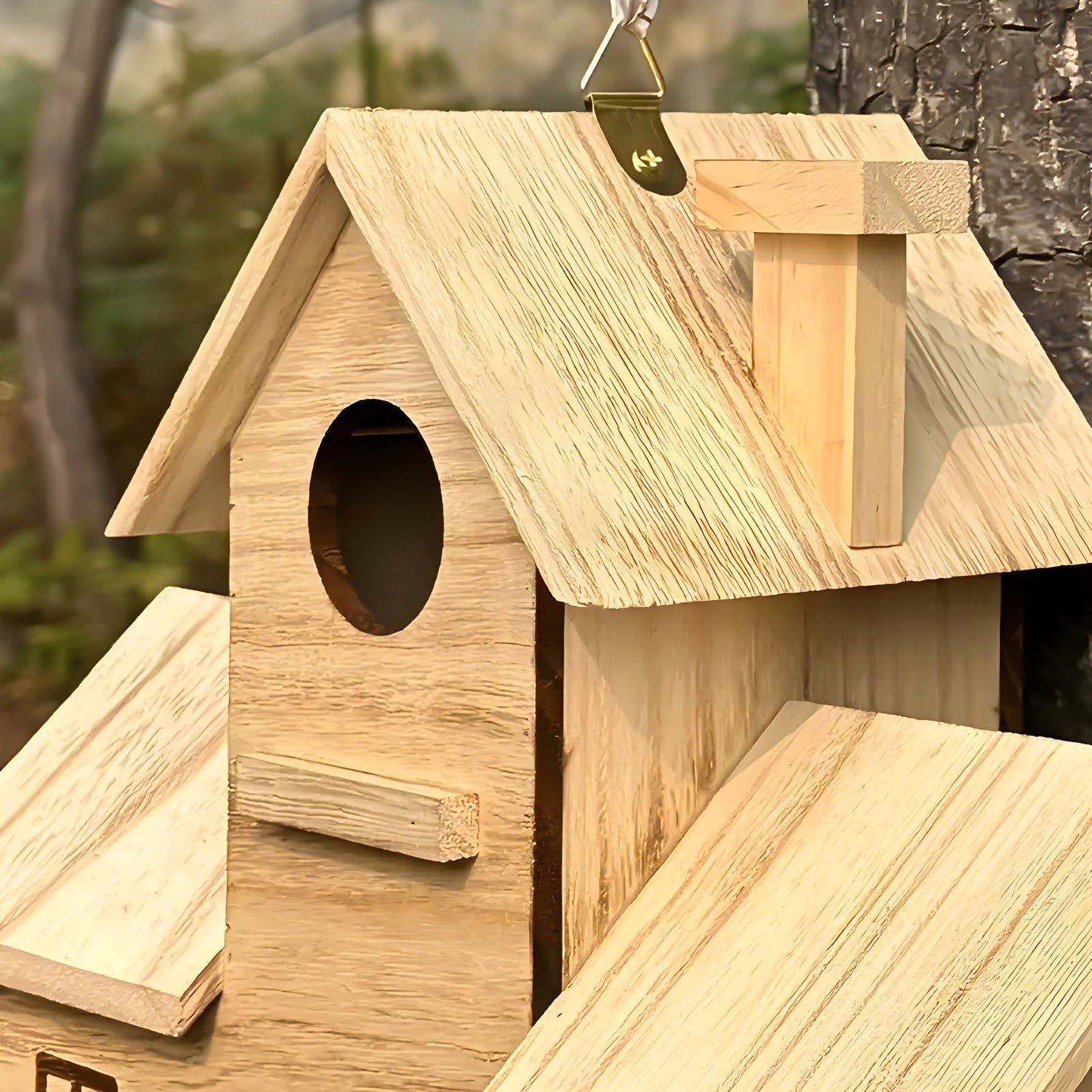 Hängendes Vogelhaus aus Holz mit 3 Löchern