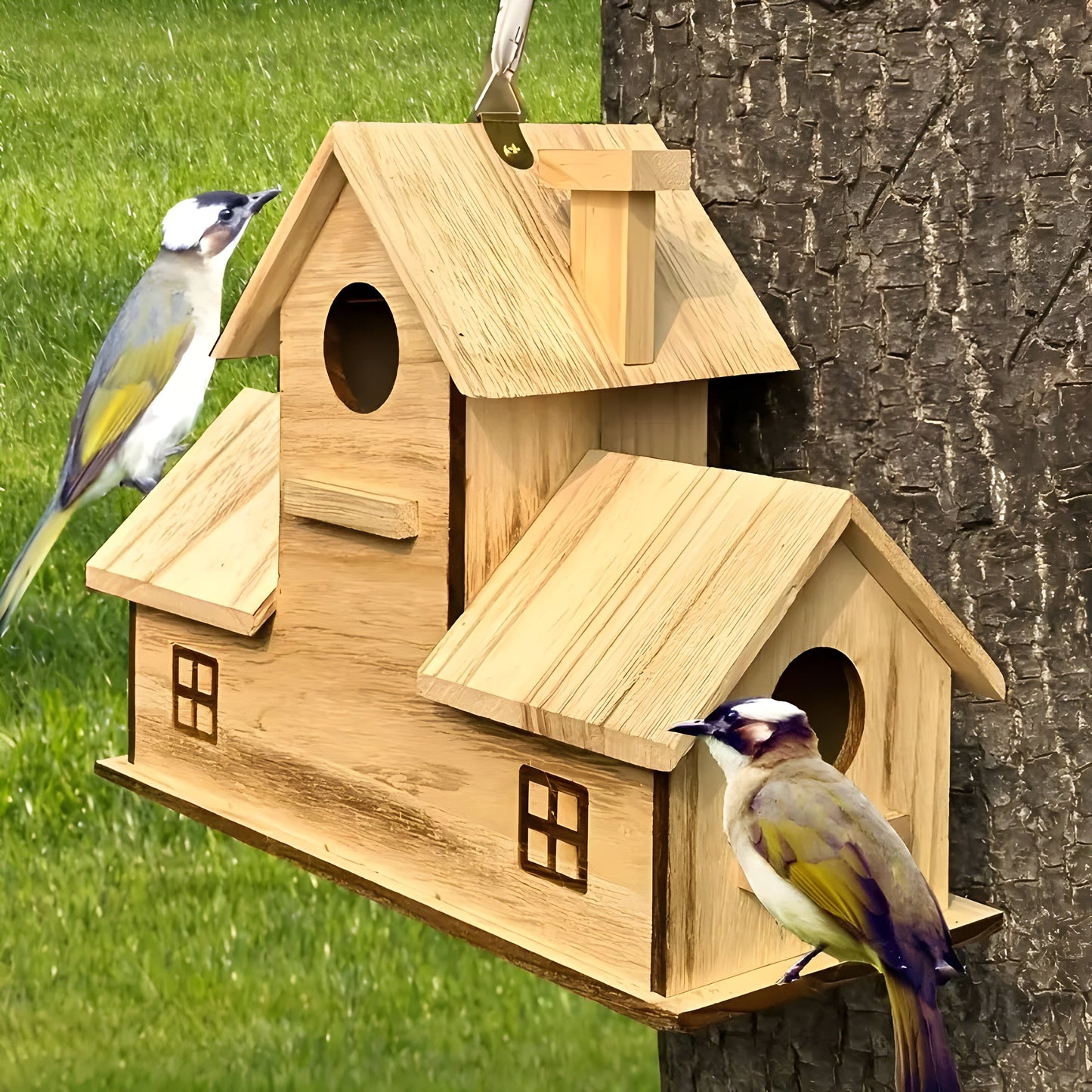 Hängendes Vogelhaus aus Holz mit 3 Löchern