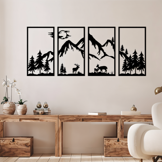 Schwarze Metall-Wandkunst 4-teilig – Abstrakte Berglandschaft