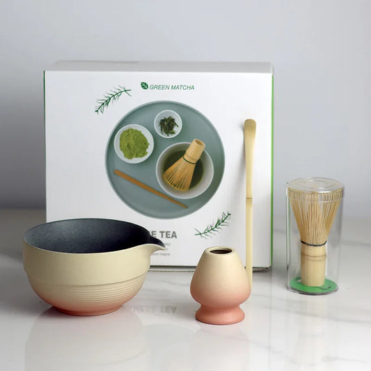 Japanische Matcha-Schüssel mit Ombre-Ausgussdesign – Keramik-Set mit Bambus-Schneebesen und Scoop für Teezubereitung 1