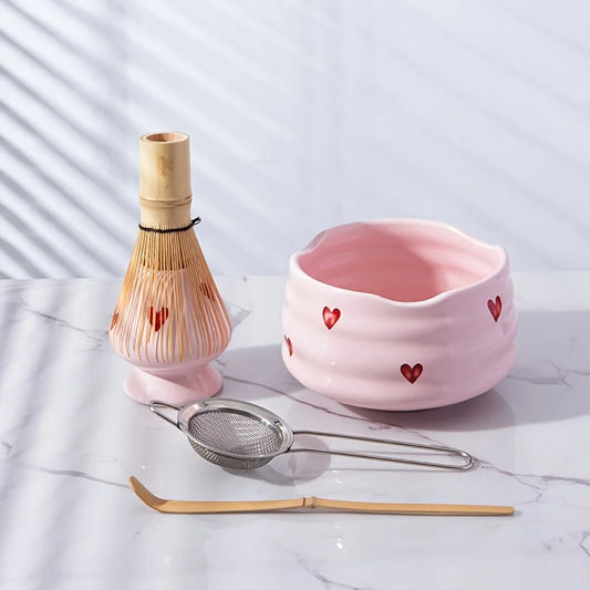 Komplettes Keramik Matcha Set mit Schüssel, Schneebesen und Zubehör – Pink Heart Design, Ideal für Matcha Tee Enthusiasten 1