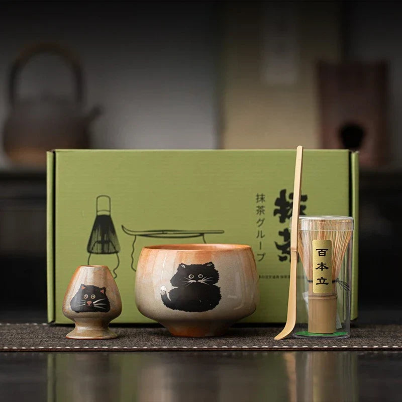 Matcha Set mit Katzen-Design – 4-teiliges Matcha Tee Set mit Bambus-Schneebesen und Keramikschale, ideal zum Matcha Set kaufen 2