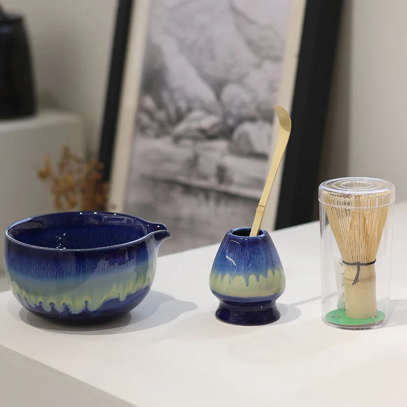 Exquisites 4-teiliges Matcha Tee Set aus handbemalter Keramik – Ideal als Tee Geschenkset für Teezeremonien 4