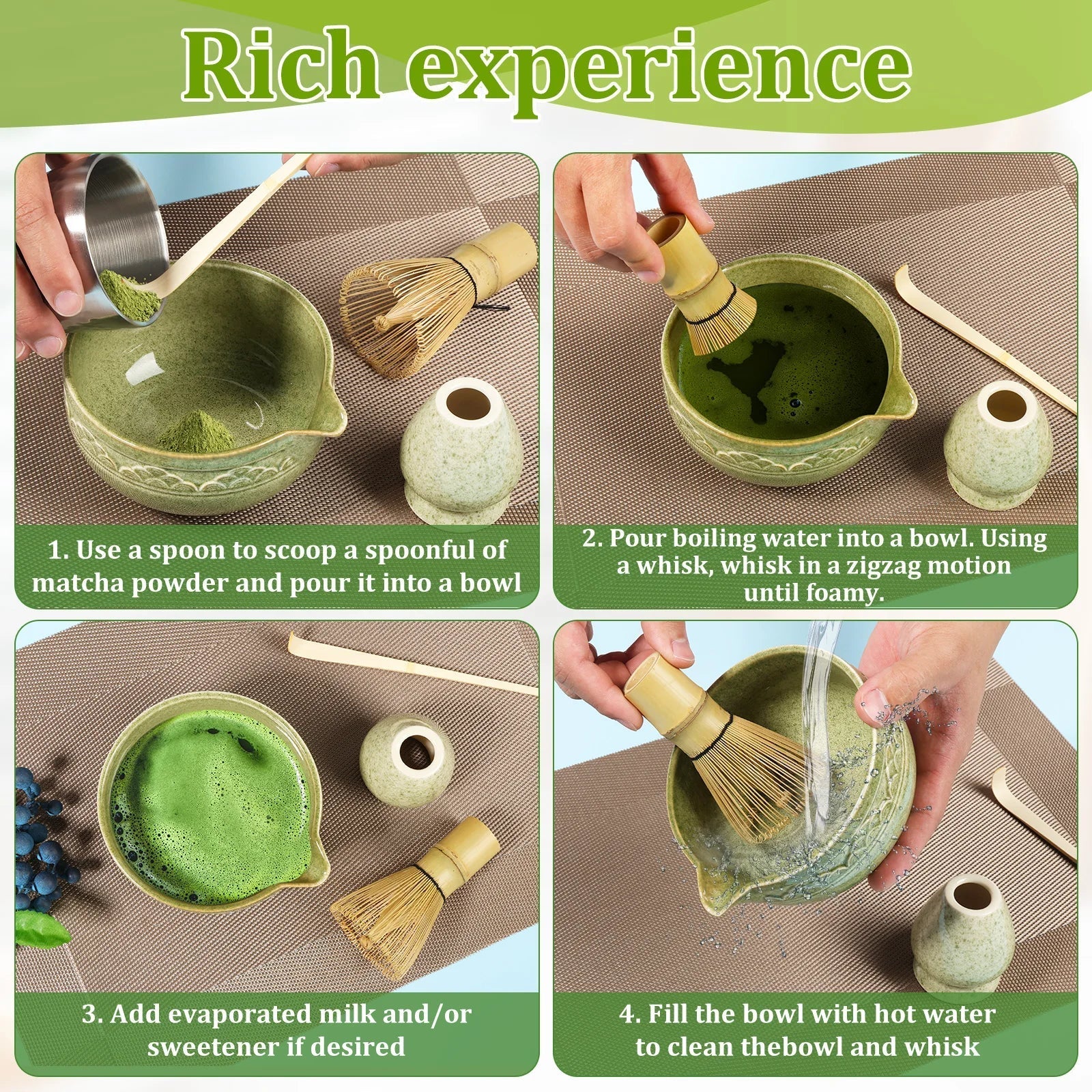 5-teiliges Matcha Set mit Keramikschale, Bambus-Schneebesen und Zubehör – Ideal für Matcha Tee Zubereitung 4