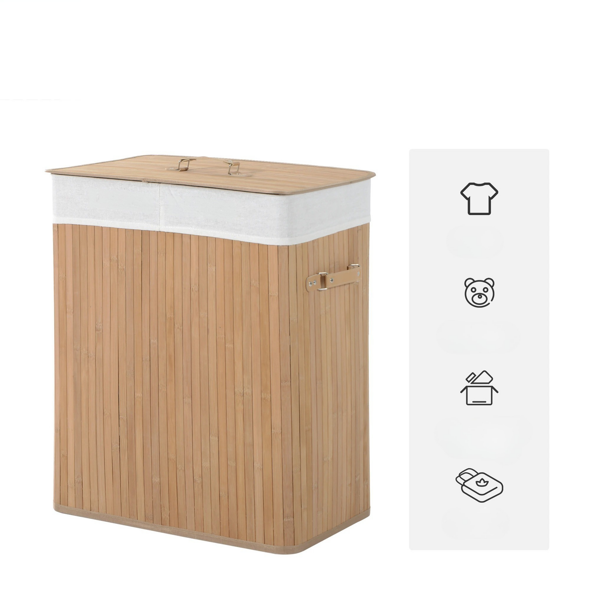 Wäschekorb mit Deckel aus Bambus – 2 Fächer für Wäschesortierung, Platzsparendes Design und Herausnehmbare Taschen 5