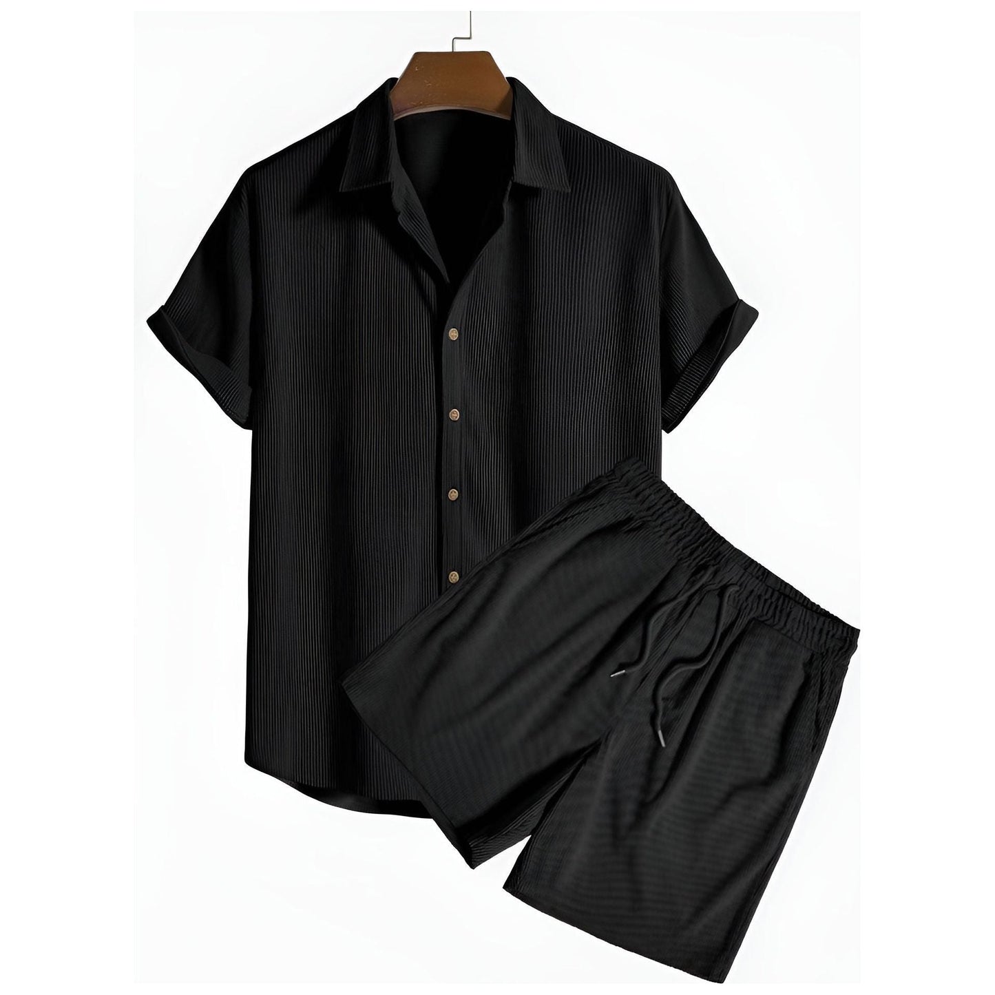 Modisches Kord Sommer Set für Herren – Lockeres Hemd und Shorts in Beige, Schwarz und Grün, Atmungsaktives Material, Bequeme Passform 2