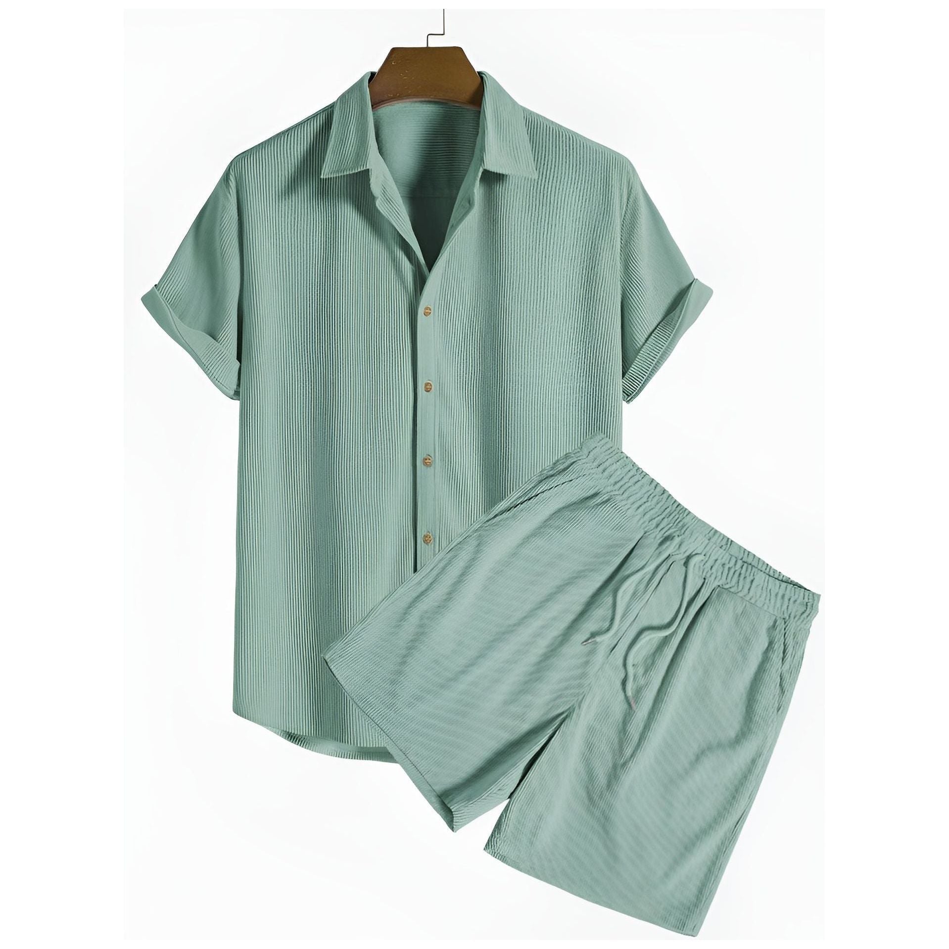 Modisches Kord Sommer Set für Herren – Lockeres Hemd und Shorts in Beige, Schwarz und Grün, Atmungsaktives Material, Bequeme Passform 3